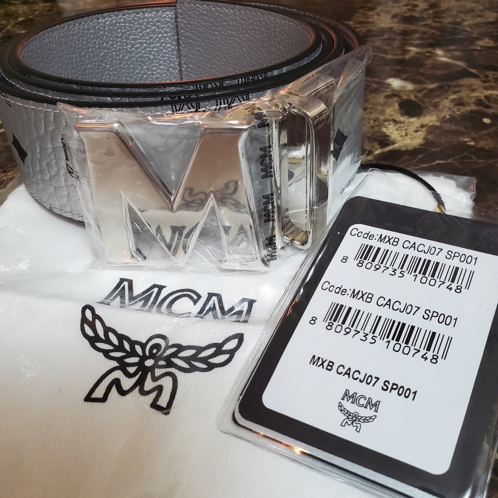 Brand New with Tags MCM Claus Reversible Metallic Silver Belt - Picture 1 of 10